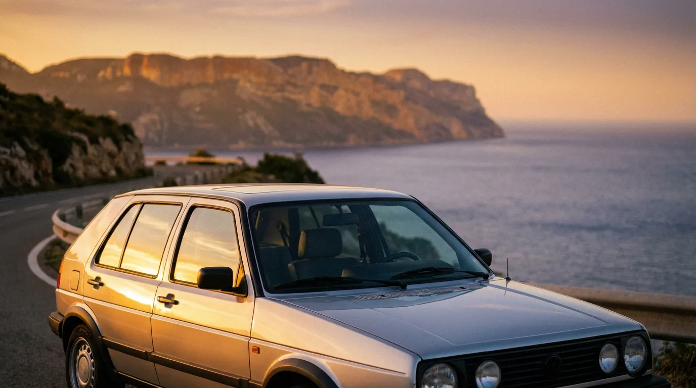 Vue arrière cinématique d'une voiture berline des années 80 évoquant la finition GRD au coucher du soleil