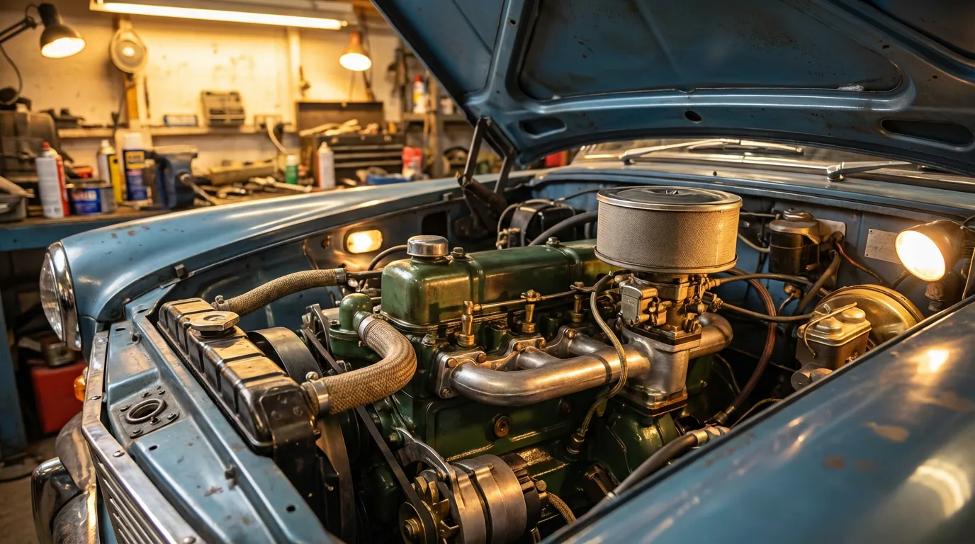 Vue détaillée d'un moteur diesel vintage sous le capot d'une voiture