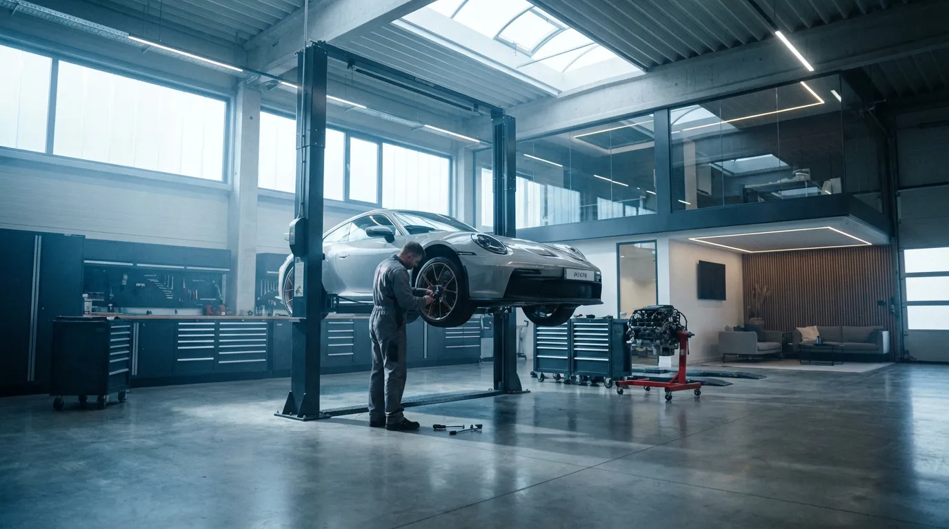 Atelier mécanique moderne avec un véhicule sur pont élévateur pour remplacement des amortisseurs.