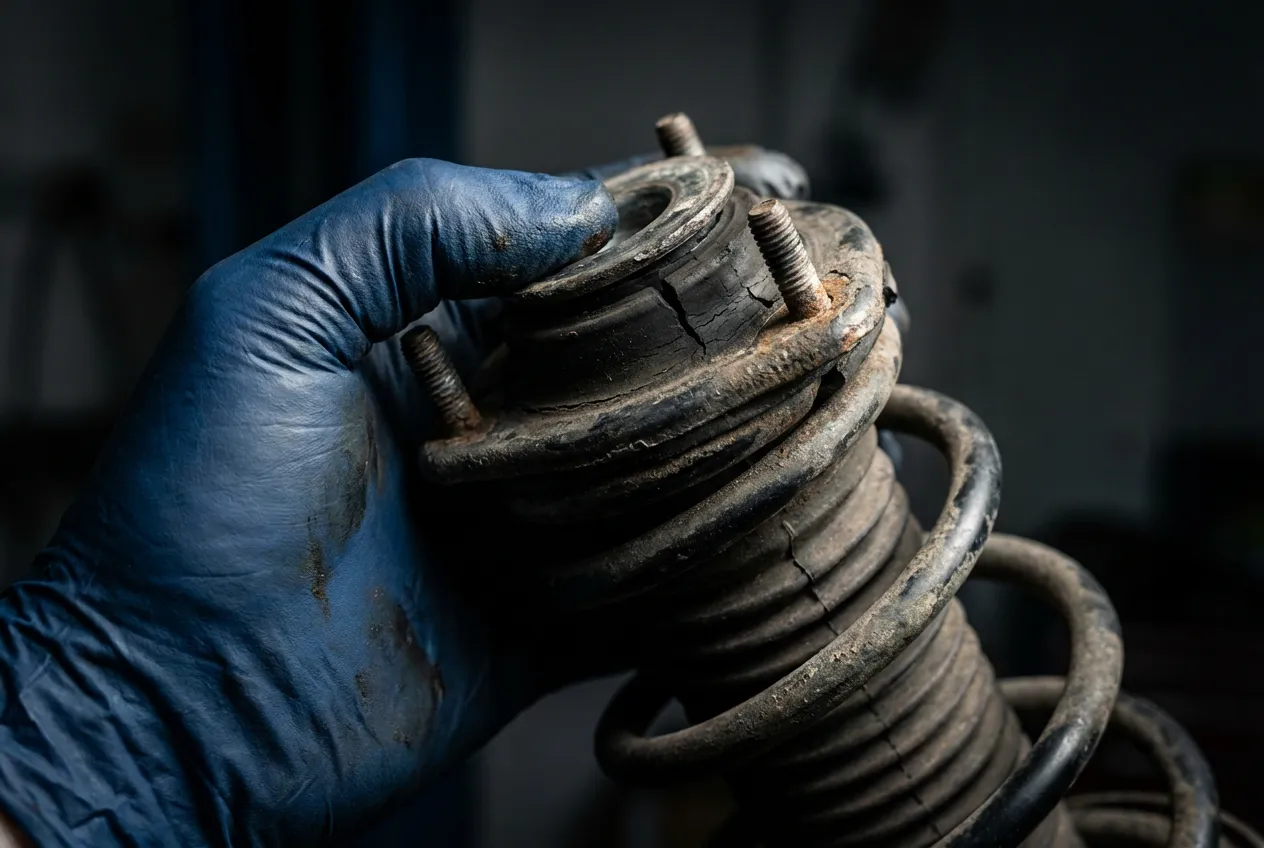 Gros plan sur la main d'un mécanicien inspectant une coupelle d'amortisseur usée.