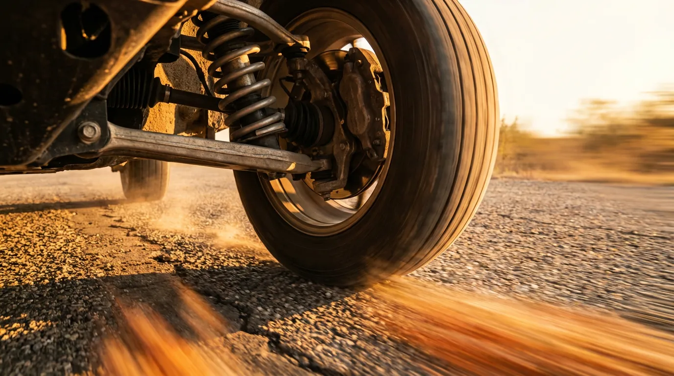 Vue cinématique en contre-plongée d'une roue de voiture et de sa suspension en mouvement sur la route au coucher du soleil.