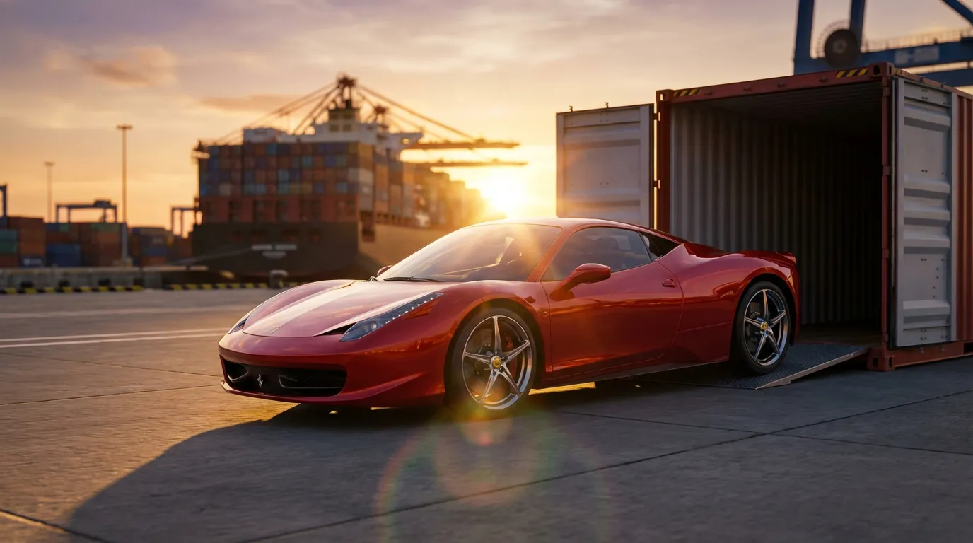 Une voiture de sport rouge d'exception est déchargée d'un conteneur maritime au lever du soleil, symbolisant le service d'importation premium analysé dans cet avis sur Autolink Import 33.