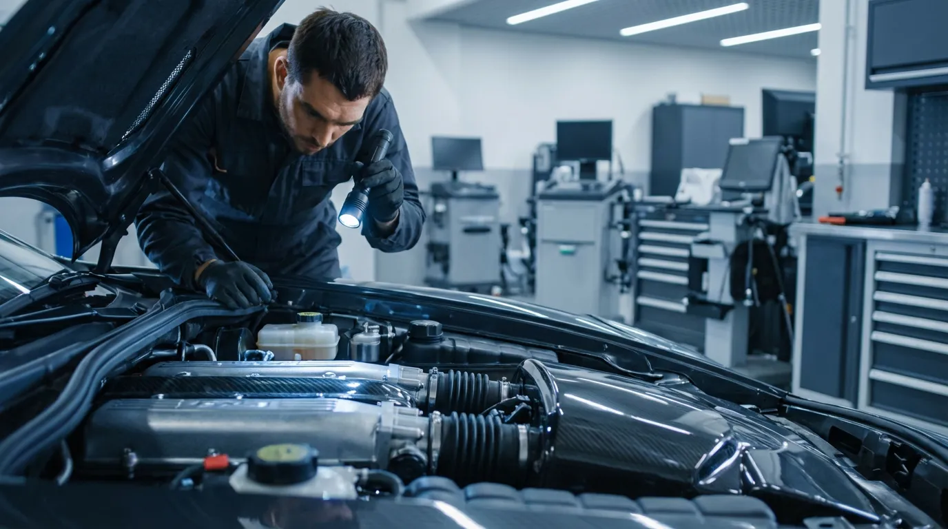 Expert automobile inspectant le moteur d'une voiture haut de gamme