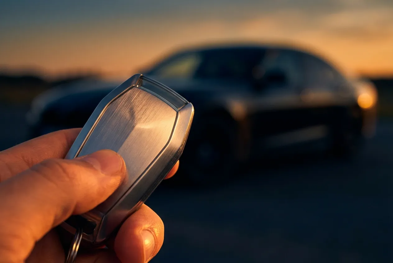 Main tenant une clé de voiture de luxe avec fond flou