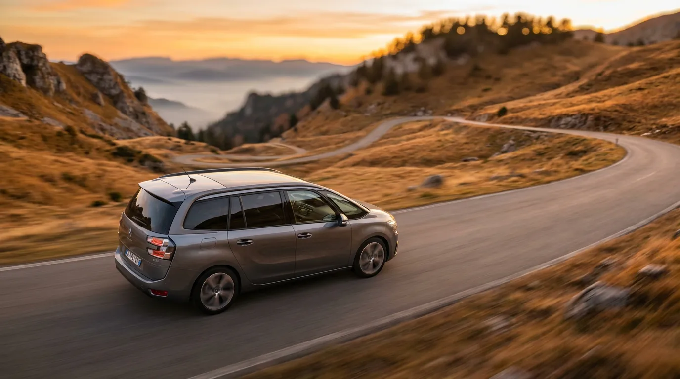 Vue cinématique d'un Citroën C4 Picasso 2L HDI 138cv en train de rouler sur une route de montagne au coucher du soleil, illustrant la performance et le design du véhicule.