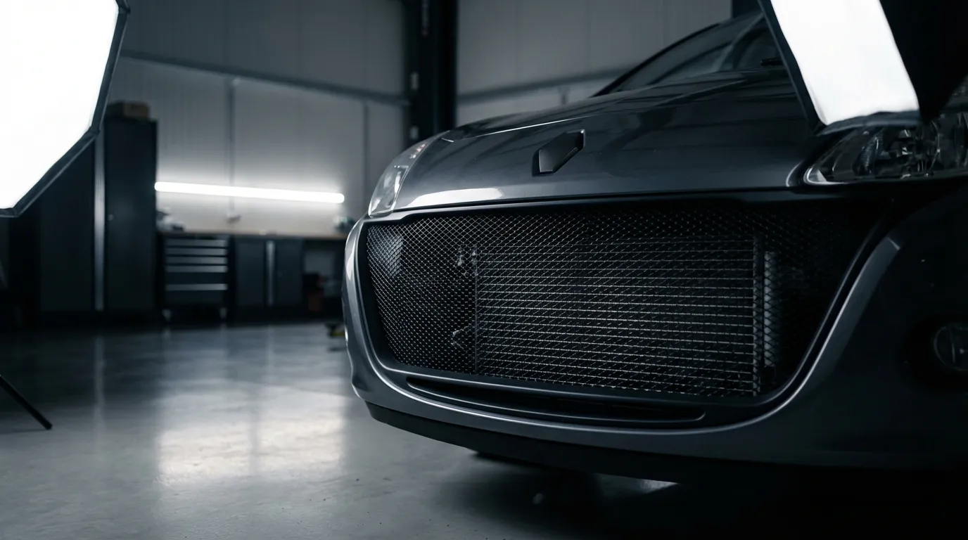 Vue cinématique de l'avant d'une Renault Clio 3 dans un garage moderne, mettant en évidence la calandre et le condenseur de climatisation.