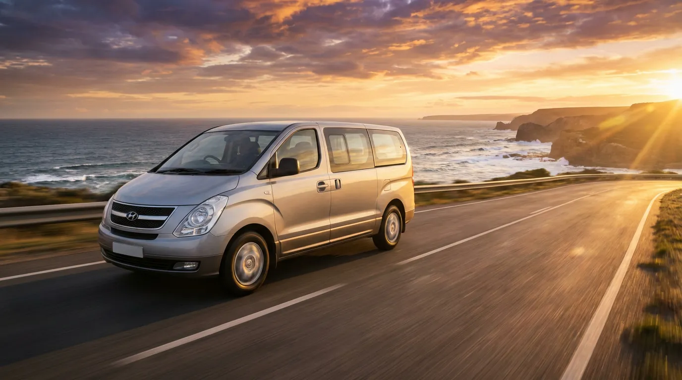 Hyundai H1 gris métallisé roulant sur une route côtière au coucher du soleil