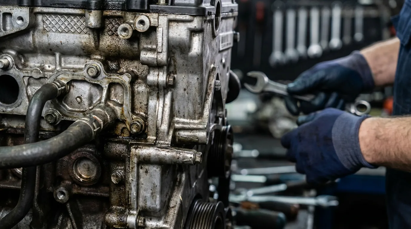 Vue rapprochée du moteur 2.5 CRDi d'un Hyundai H1 lors d'une inspection mécanique