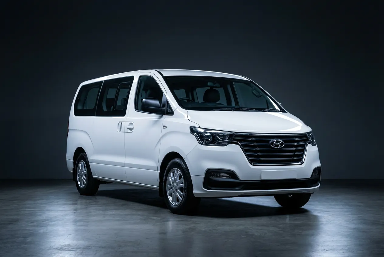 Fiabilité Hyundai H1 : Bilan Occasion, Pannes et Avis Vue studio 3/4 avant d'un utilitaire Hyundai H1 blanc