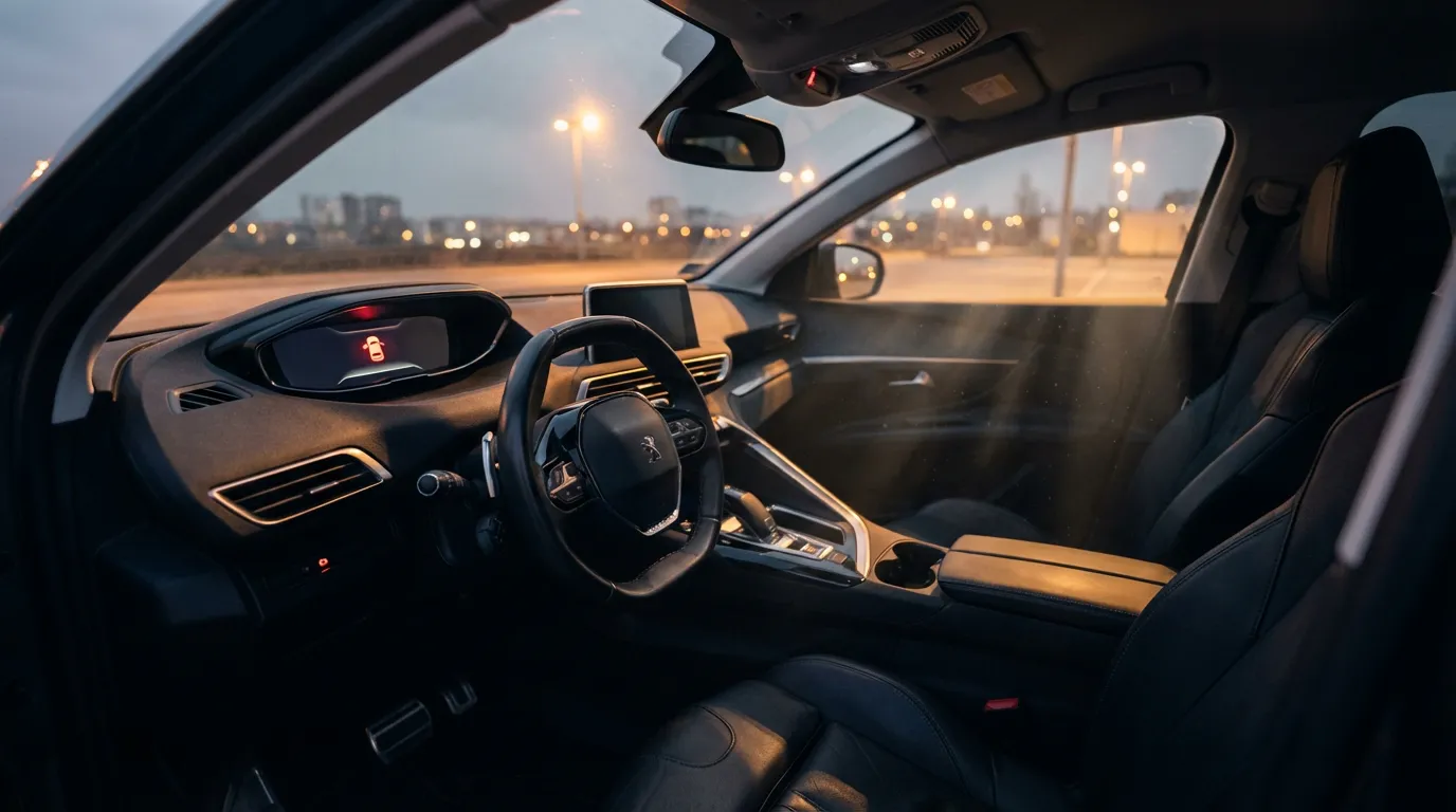 Tableau de bord d'une Peugeot moderne de nuit, avec un voyant d'antidémarrage allumé, illustrant un problème électronique automobile.