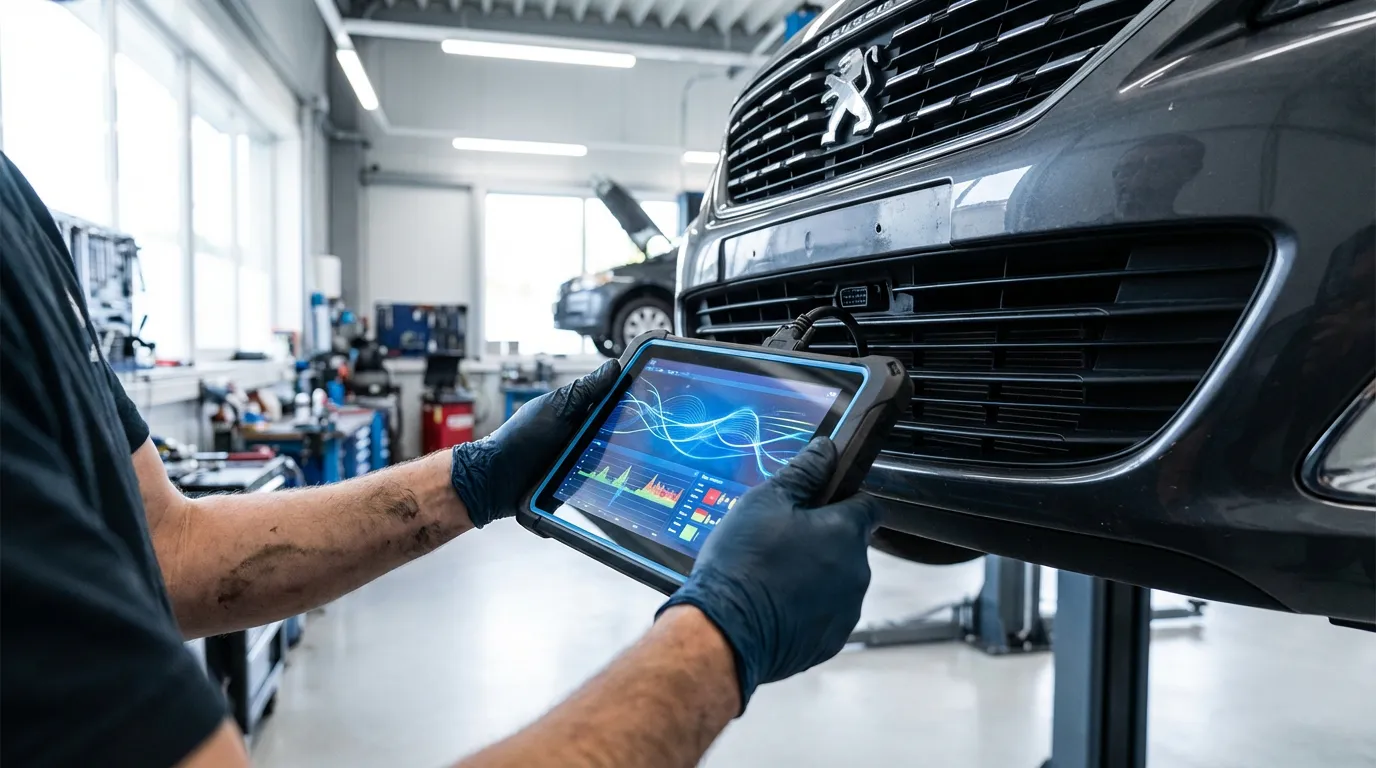 Un mécanicien expert utilise un outil de diagnostic OBD pour trouver la cause d'une panne d'antidémarrage sur une Peugeot.