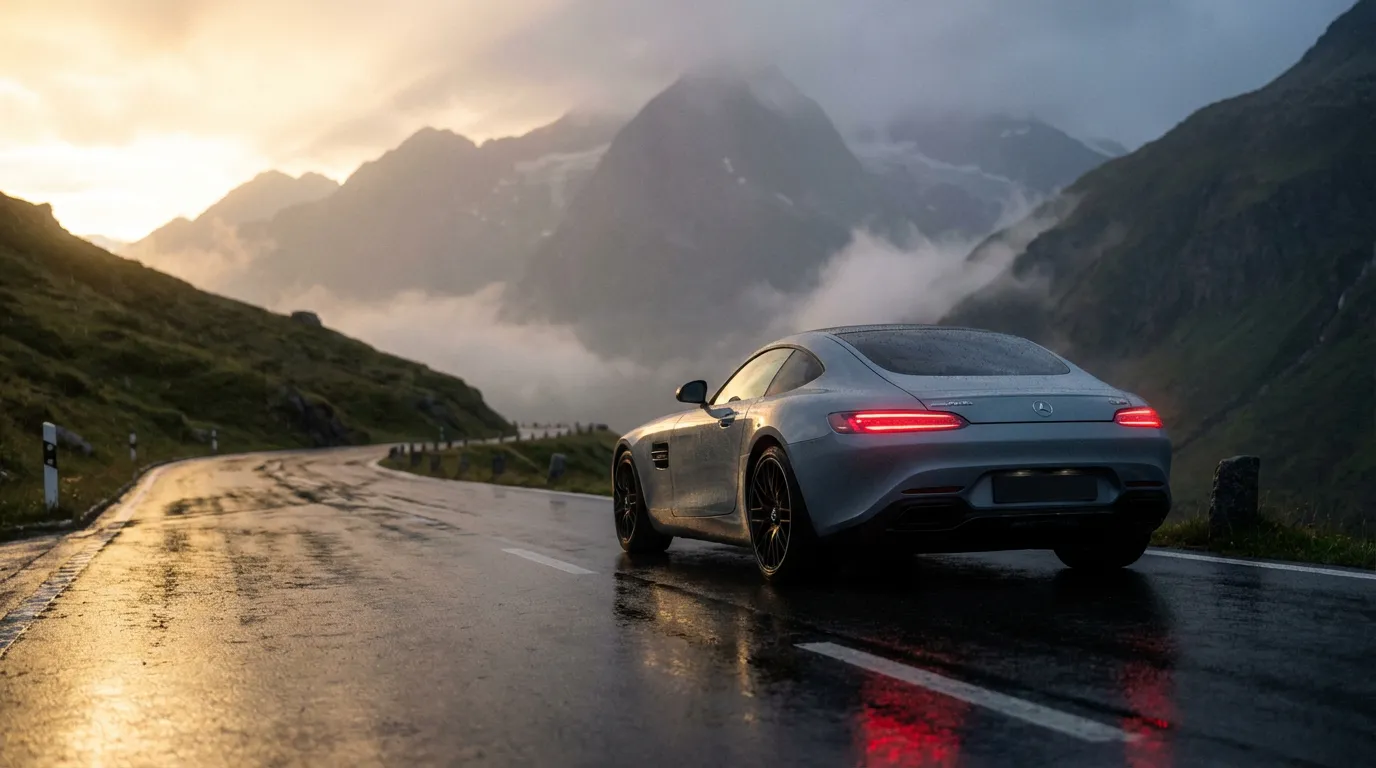 Mercedes-AMG GT Gris Alpin en Montagne Une Mercedes-AMG GT en Gris Alpin exclusif roulant sur une route de montagne sinueuse au crépuscule, incarnant le luxe et la performance.