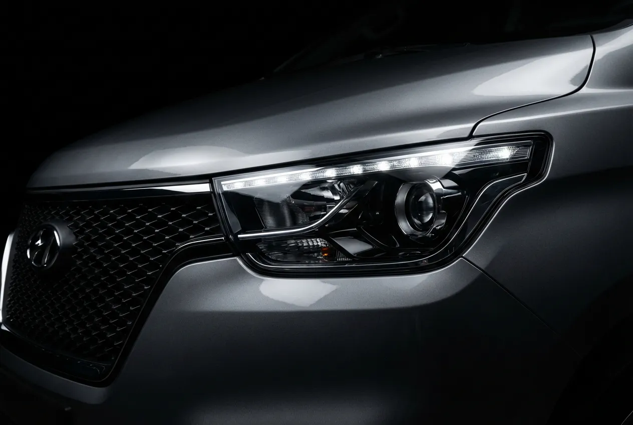 Gros plan iconique et contrasté sur le phare d'un van Hyundai H1 4x4 Starex sur un fond noir uni.