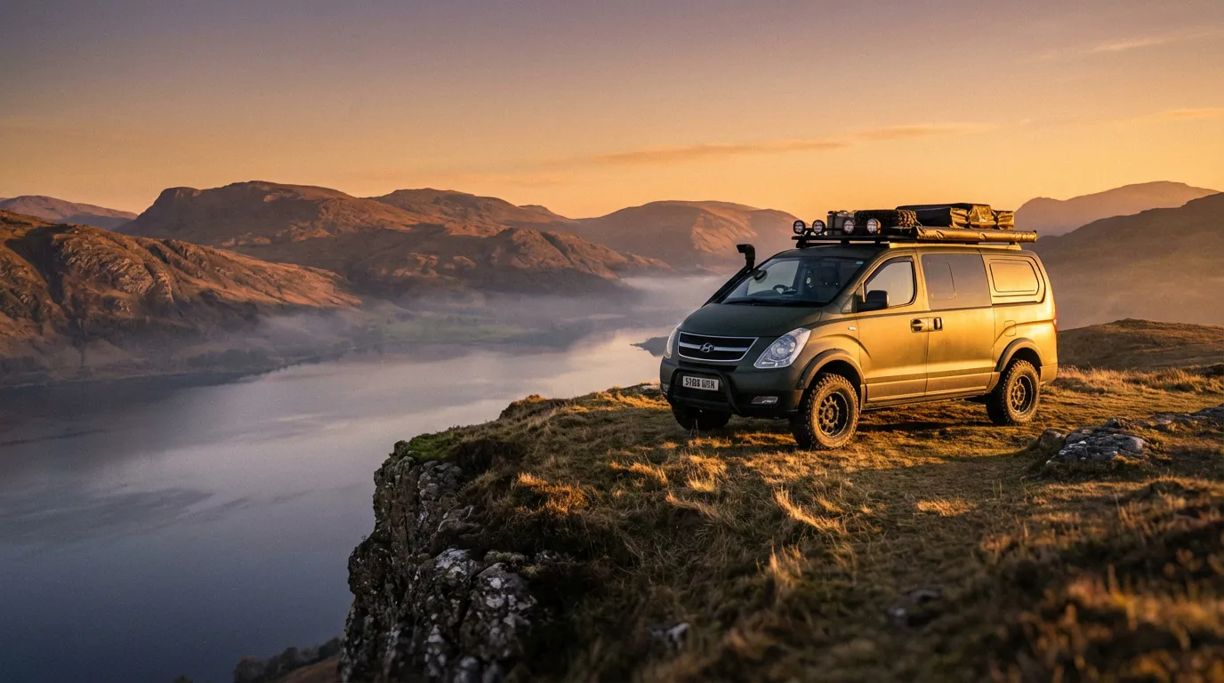 Un van baroudeur Hyundai H1 4x4 Starex garé sur une falaise spectaculaire au coucher du soleil, dans un style magazine d'aventure.