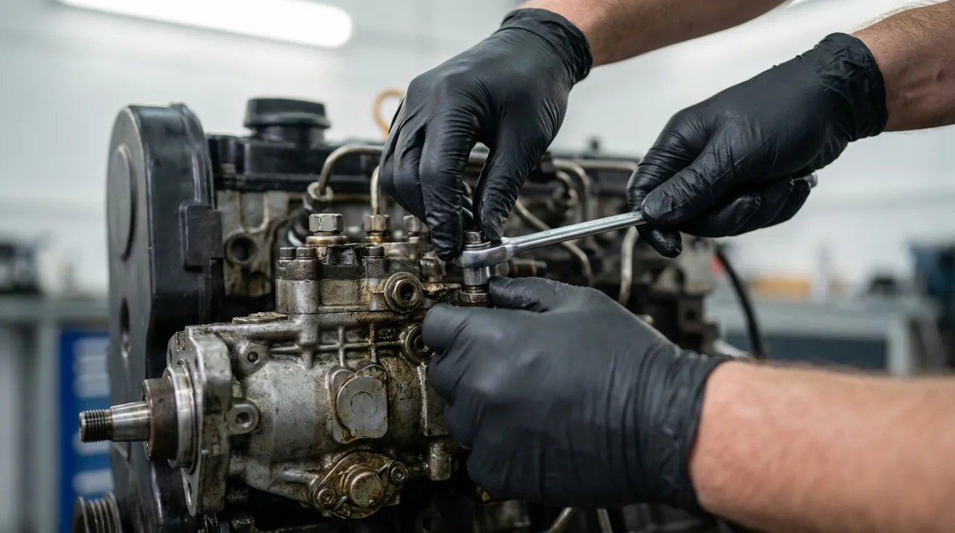 Un mécanicien expert effectuant l'entretien méticuleux d'un moteur 2.5 Sofim dans un atelier propre et bien éclairé.