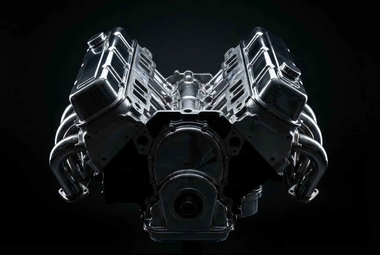 Plan rapproché contrasté d'un bloc moteur V8 sur fond sombre