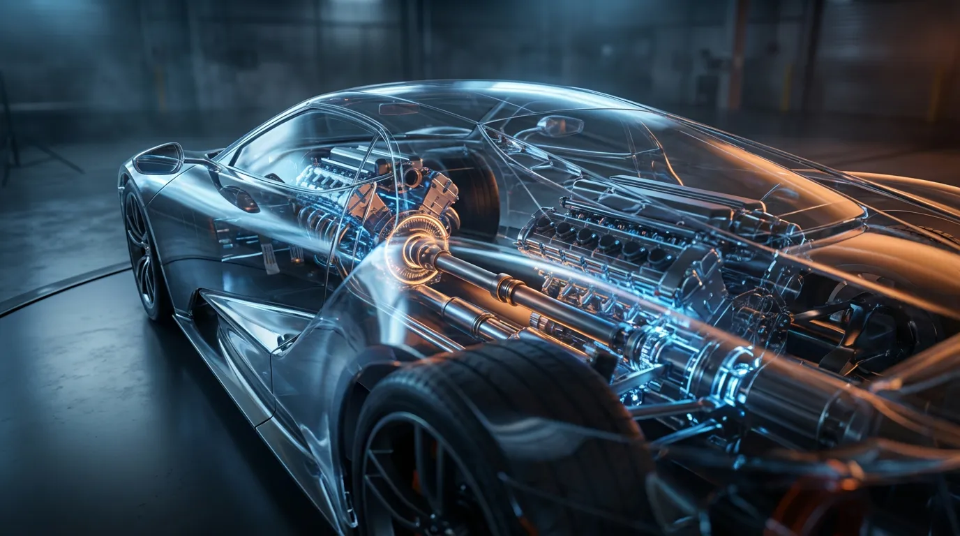 Vue en transparence d'une voiture sportive révélant l'architecture du moteur longitudinal et de l'arbre de transmission