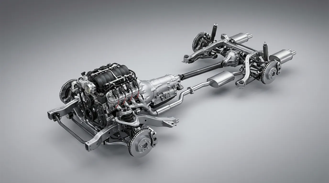 Vue technique du châssis et de la chaîne cinématique montrant l'alignement longitudinal du moteur