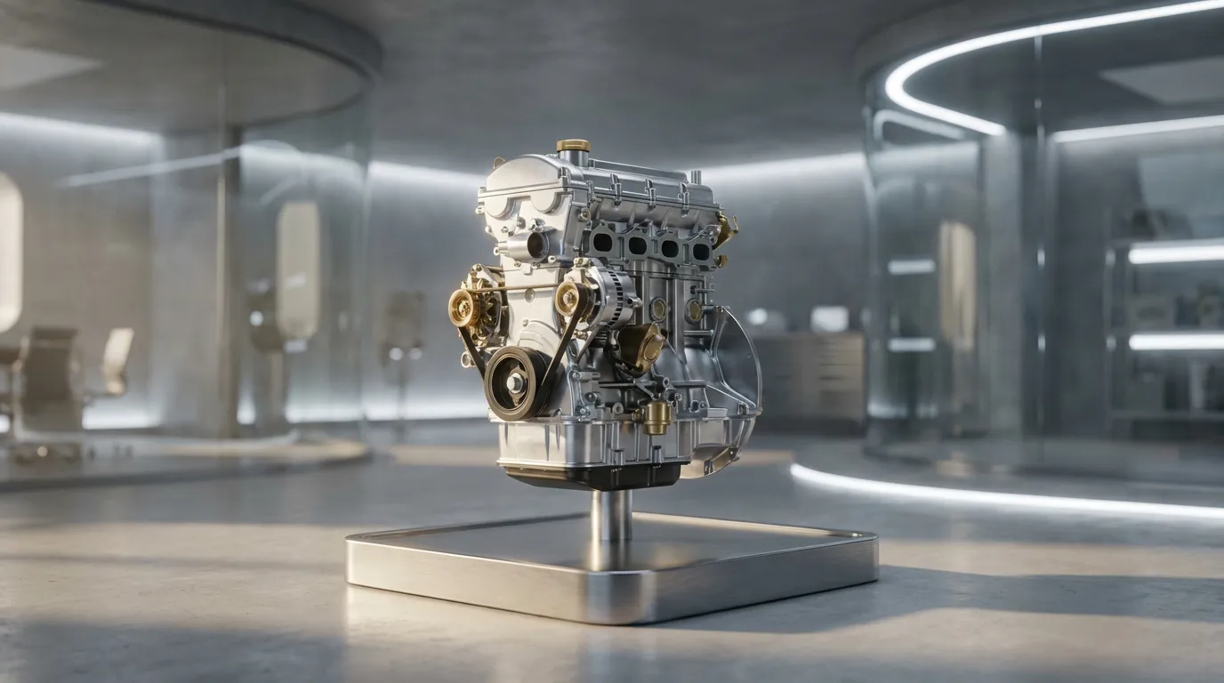 Photographie professionnelle d'un moteur Renault 1.2 75cv (D7F) présenté dans un atelier moderne, mettant en exergue sa conception mécanique et sa fiabilité.