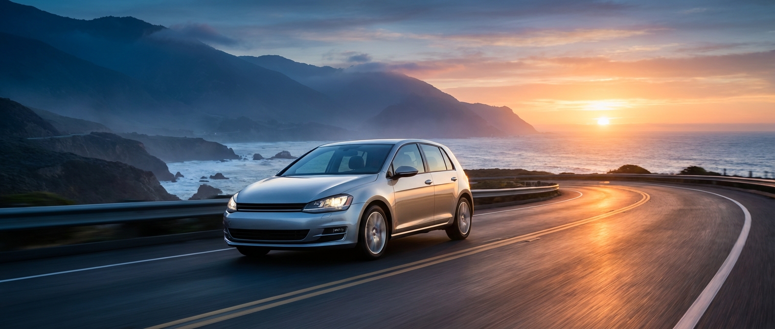Une voiture compacte Renault roulant sur une route pittoresque au lever du soleil, illustrant la fiabilité automobile.