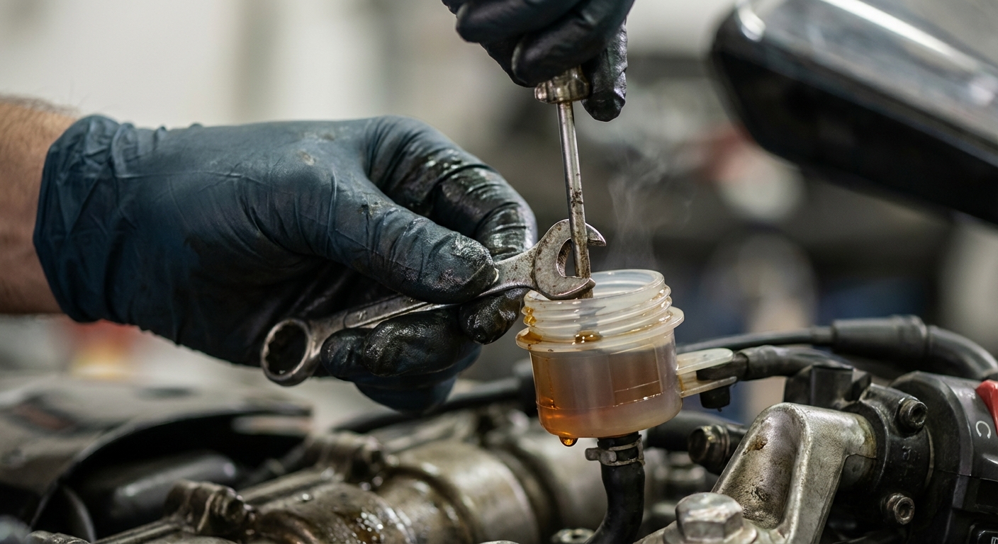 Changement du liquide de frein par un expert Détail macro d'un mécanicien intervenant sur le système de freinage d'une moto