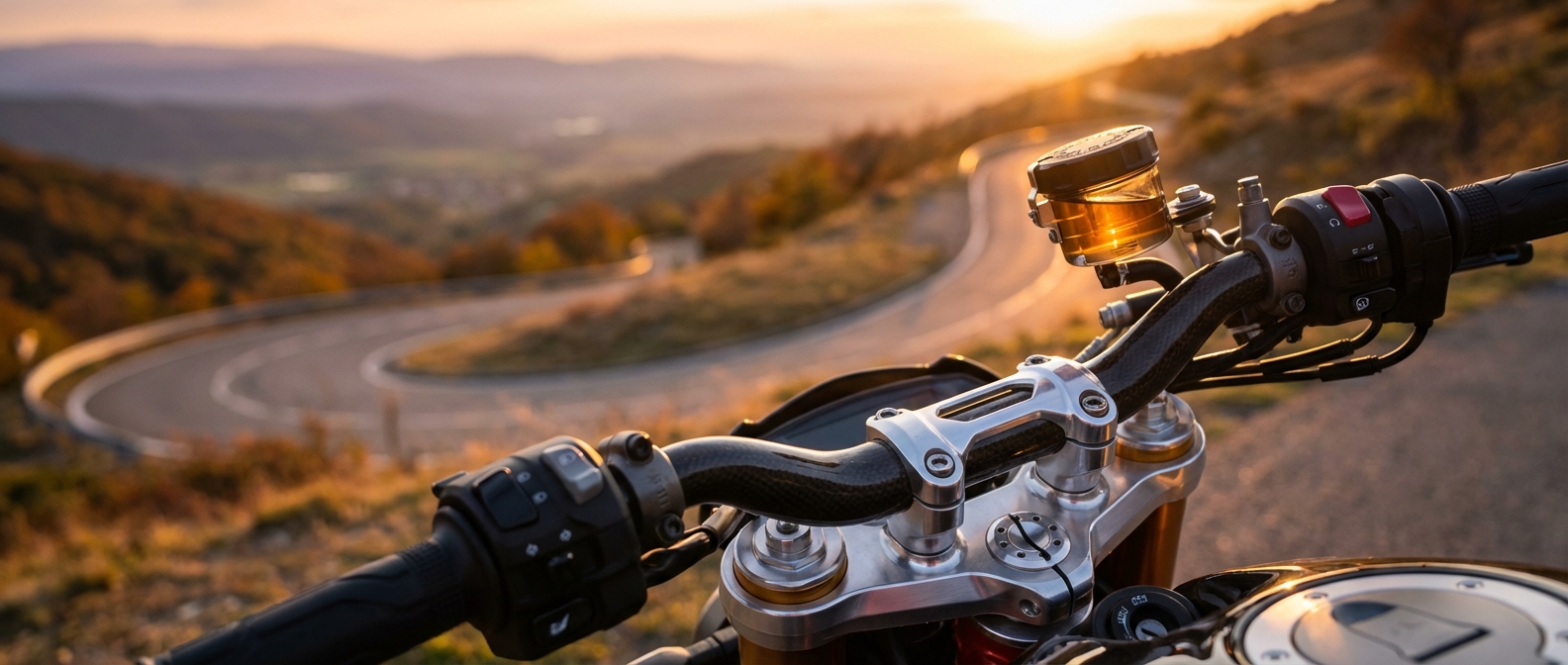 Maintenance du liquide de frein moto - Vue Premium Gros plan cinématique sur le réservoir de liquide de frein d'une moto de sport haut de gamme au coucher du soleil