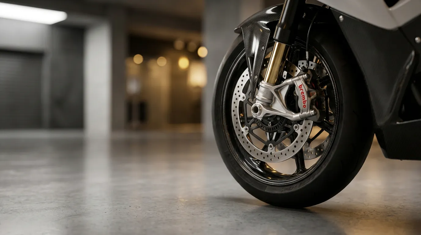 Gros plan cinématique sur le système de freinage d'une moto de sport, montrant l'étrier et le disque dans un garage moderne et épuré.