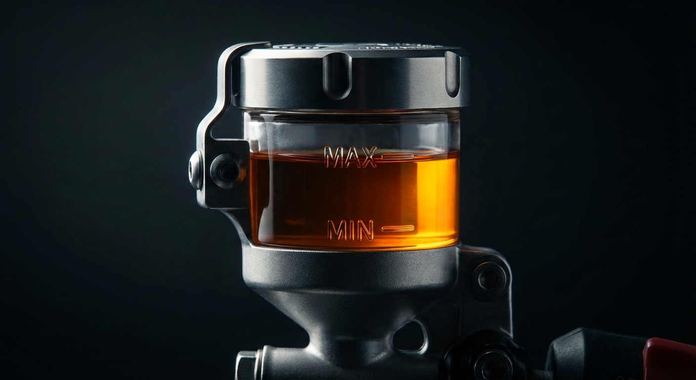 Miniature minimaliste montrant le liquide de frein ambré à travers le réservoir d'une moto