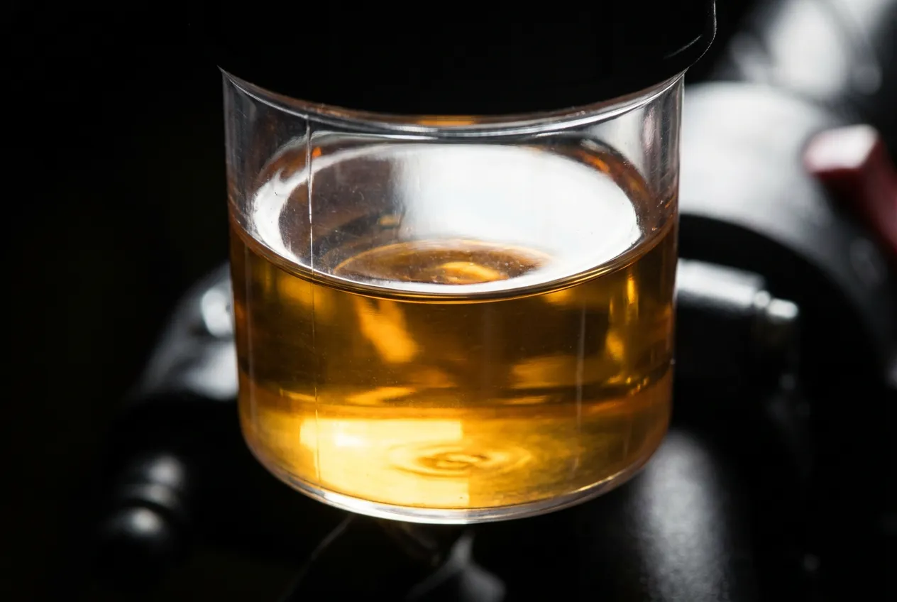 Vue macro et minimaliste du réservoir de liquide de frein d'une moto, rempli de liquide neuf et propre, sur fond sombre.