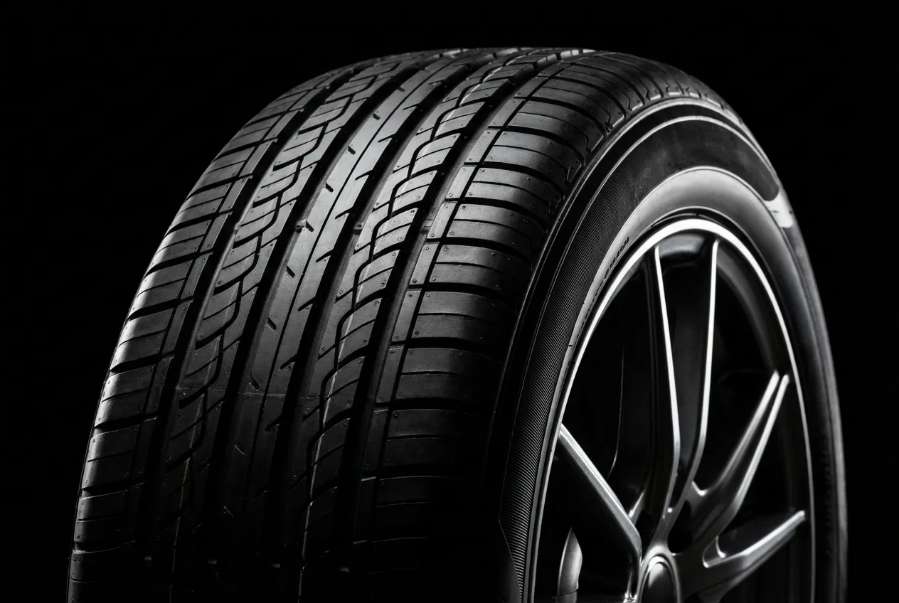 Gros plan studio sur un pneu neuf Norauto Prevensys 4 avec éclairage contrasté