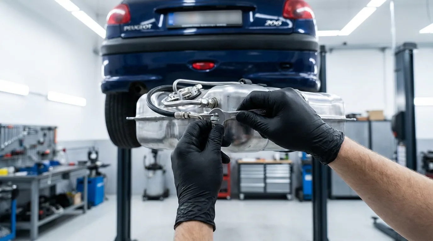 Un mécanicien professionnel effectuant le remplacement du réservoir d'une Peugeot 206 dans un garage automobile propre et moderne.