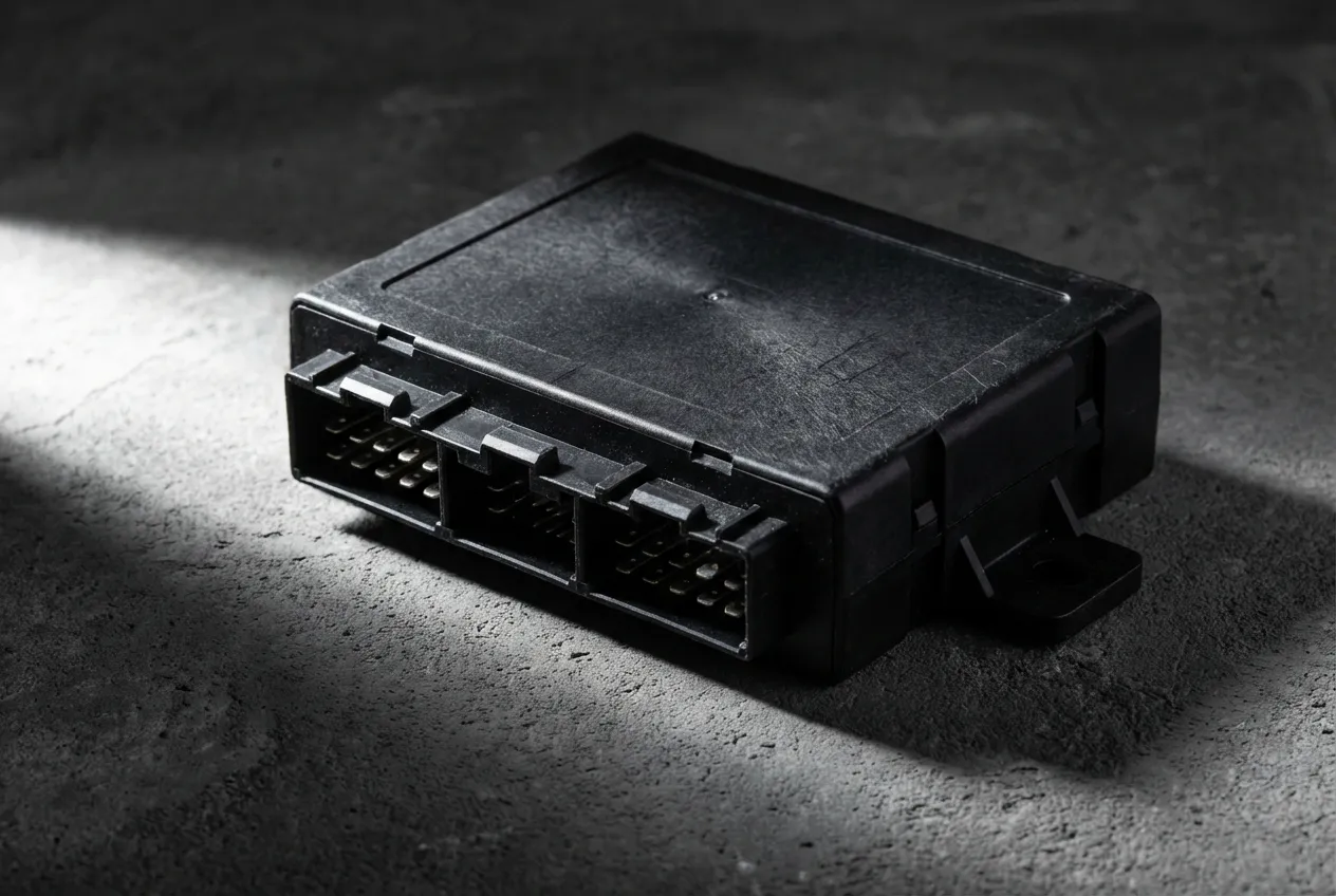 Gros plan d'un boîtier électronique UCH automobile, photographié en studio avec un fort contraste pour illustrer les pannes et réparations.