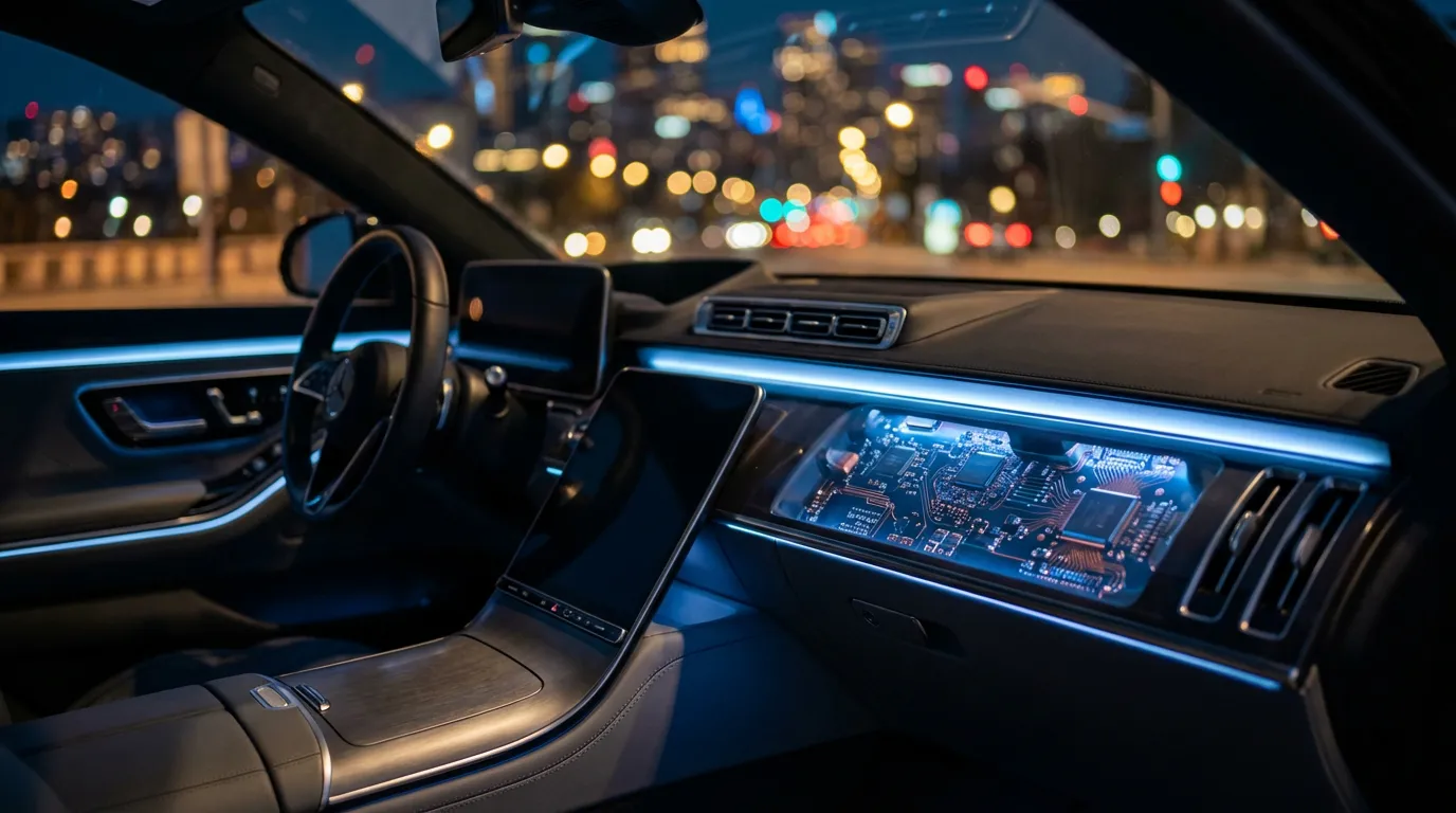 Technologie UCH au cœur du véhicule Vue cinématique de l'intérieur d'une voiture de luxe, mettant en lumière le tableau de bord et le boîtier électronique UCH, symbole de la technologie automobile avancée.