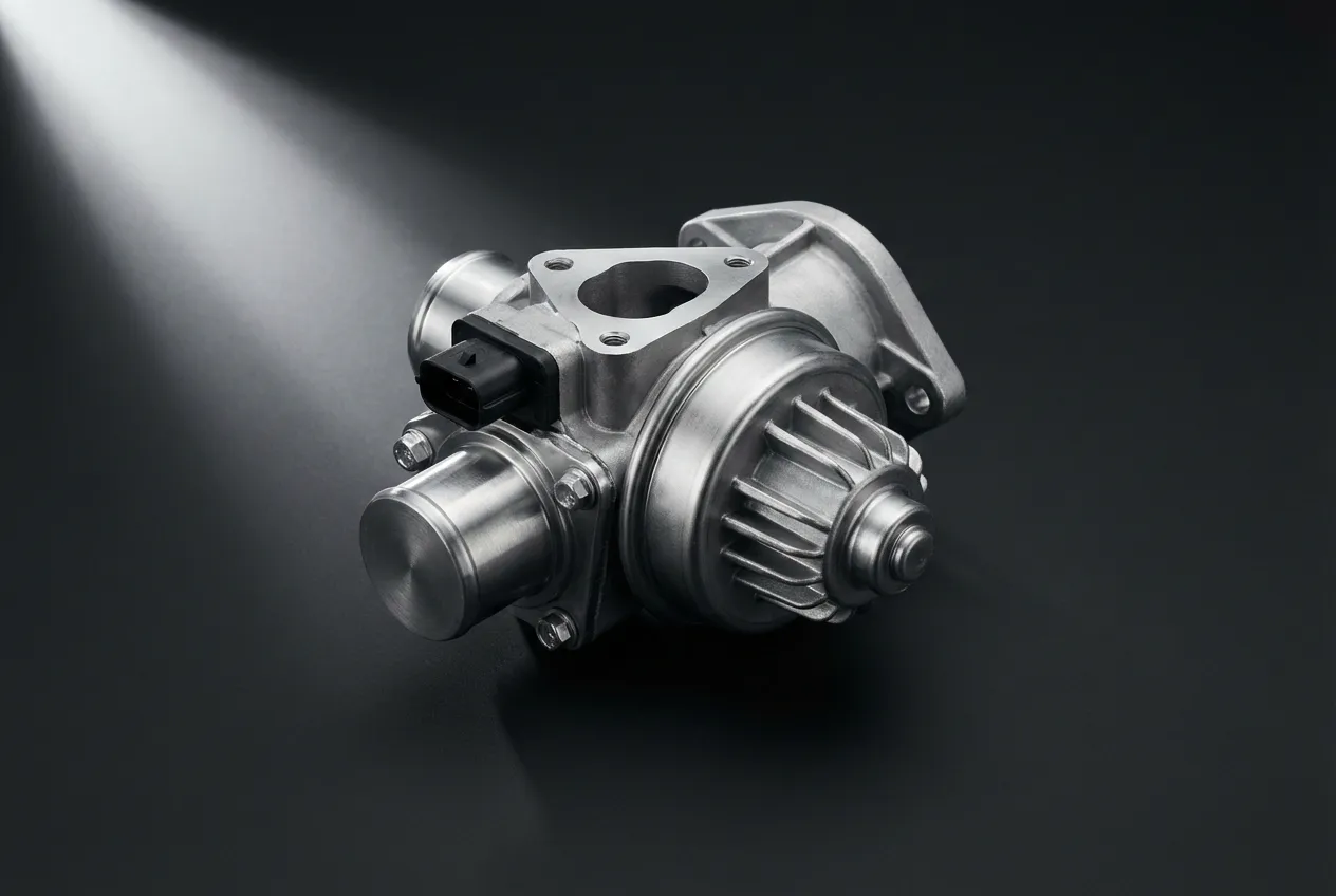 Photographie de studio d'une vanne EGR automobile isolée sur fond sombre, avec un éclairage à fort contraste.