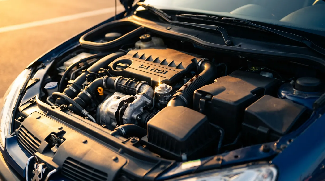 Vue cinématique du compartiment moteur d'une Peugeot 206 1.4 HDI, mettant en évidence la vanne EGR sous un éclairage de fin de journée.