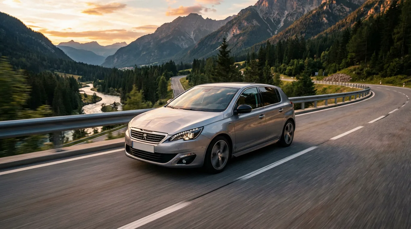 Voiture compacte moderne roulant sur une route de montagne au coucher du soleil, illustrant la performance des moteurs VTi et PureTech
