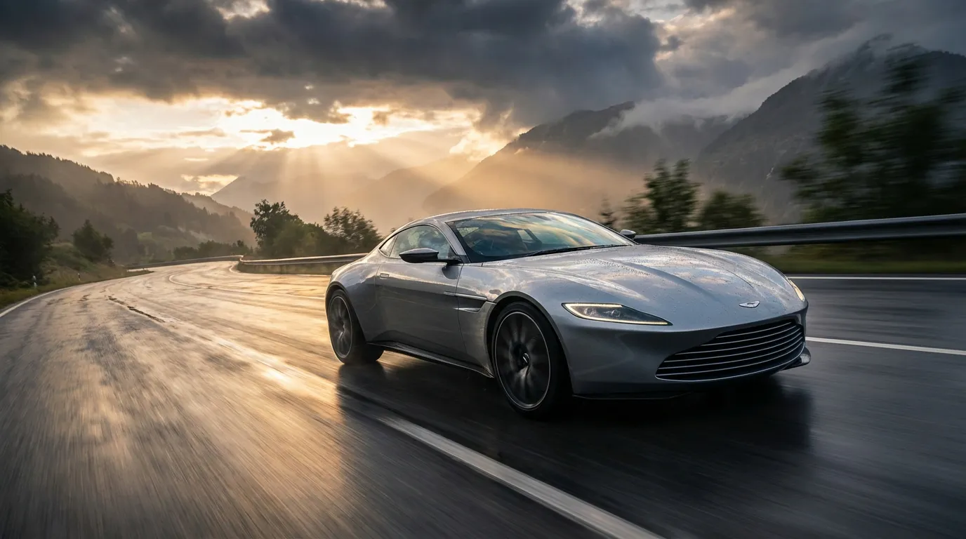 Voiture de sport de luxe roulant sur une route de montagne humide avec un éclairage dramatique, symbolisant la performance sans compromis