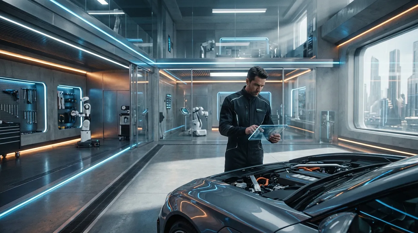 Laboratoire mécanique de haute technologie Atelier mécanique moderne aux allures de laboratoire avec un technicien effectuant un diagnostic précis sur un véhicule.