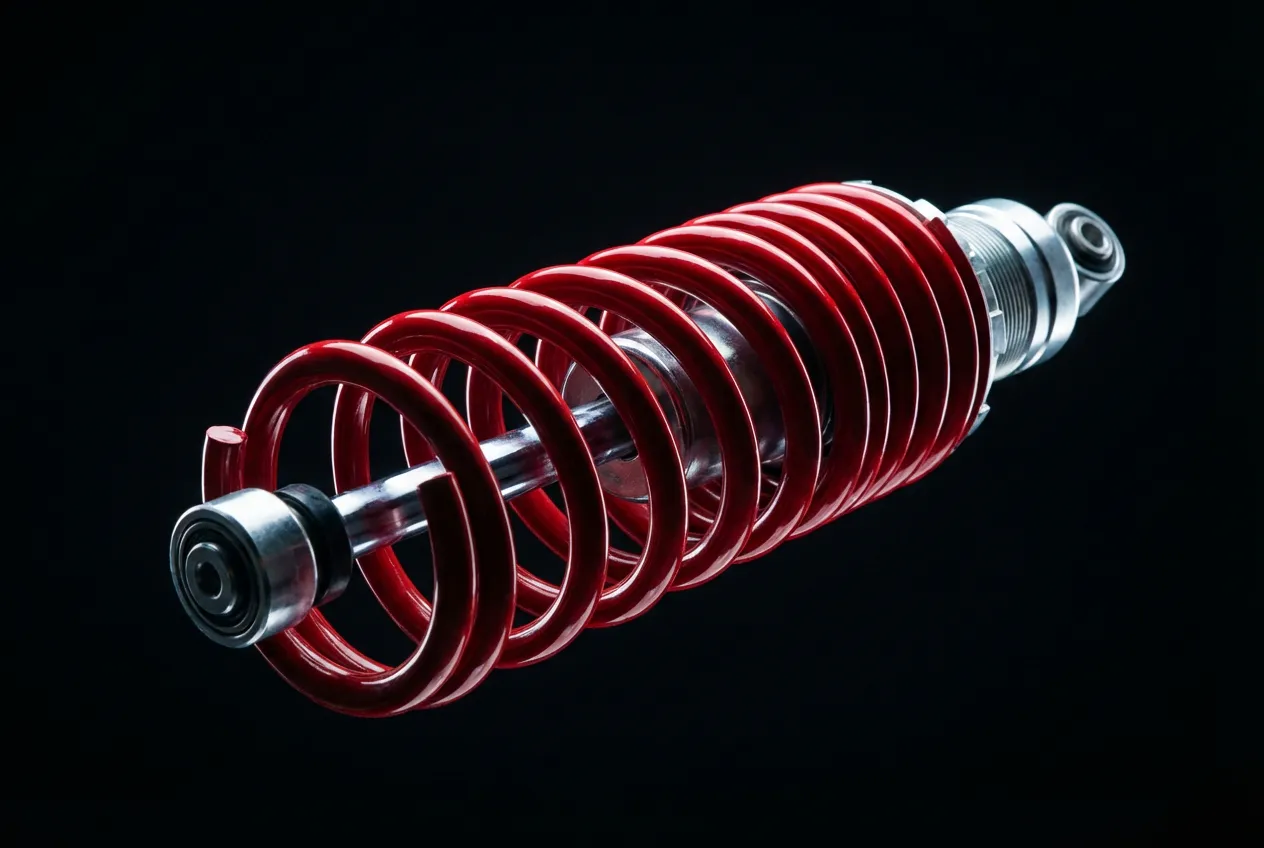 Gros plan studio sur un amortisseur de voiture neuf avec ressort rouge sur fond sombre