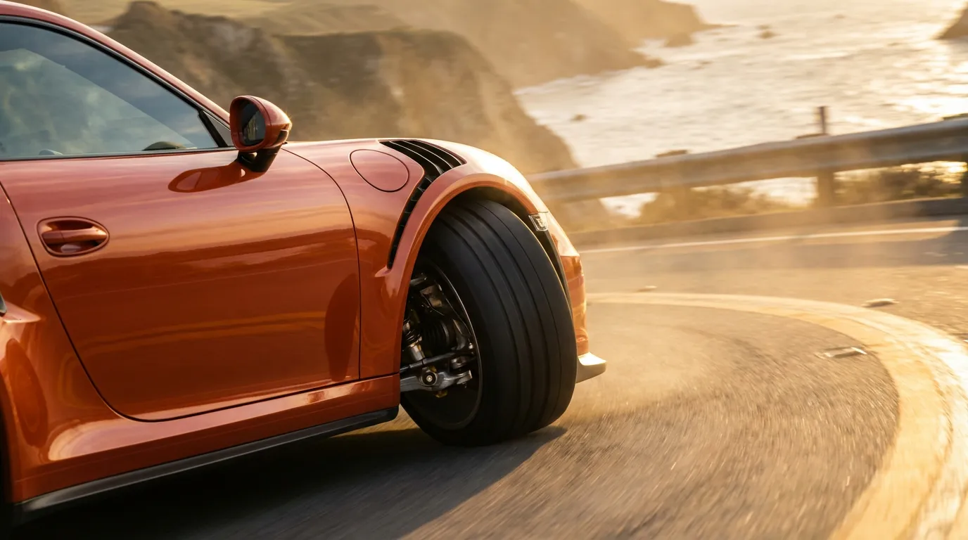 Voiture de sport en plein virage sur une route côtière mettant en valeur le travail de la suspension et des amortisseurs