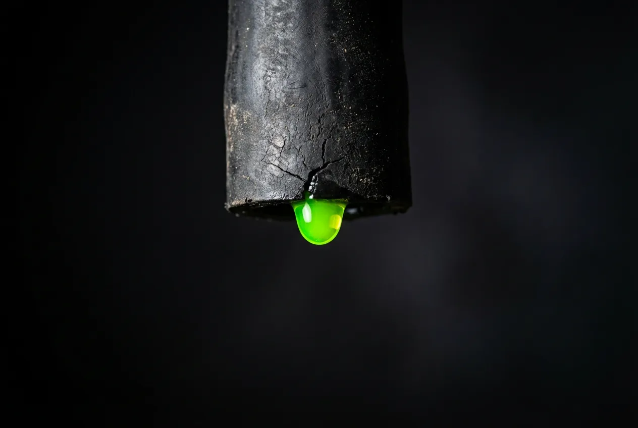Gros plan macro d'une goutte de liquide de refroidissement fuyant d'une durite en caoutchouc