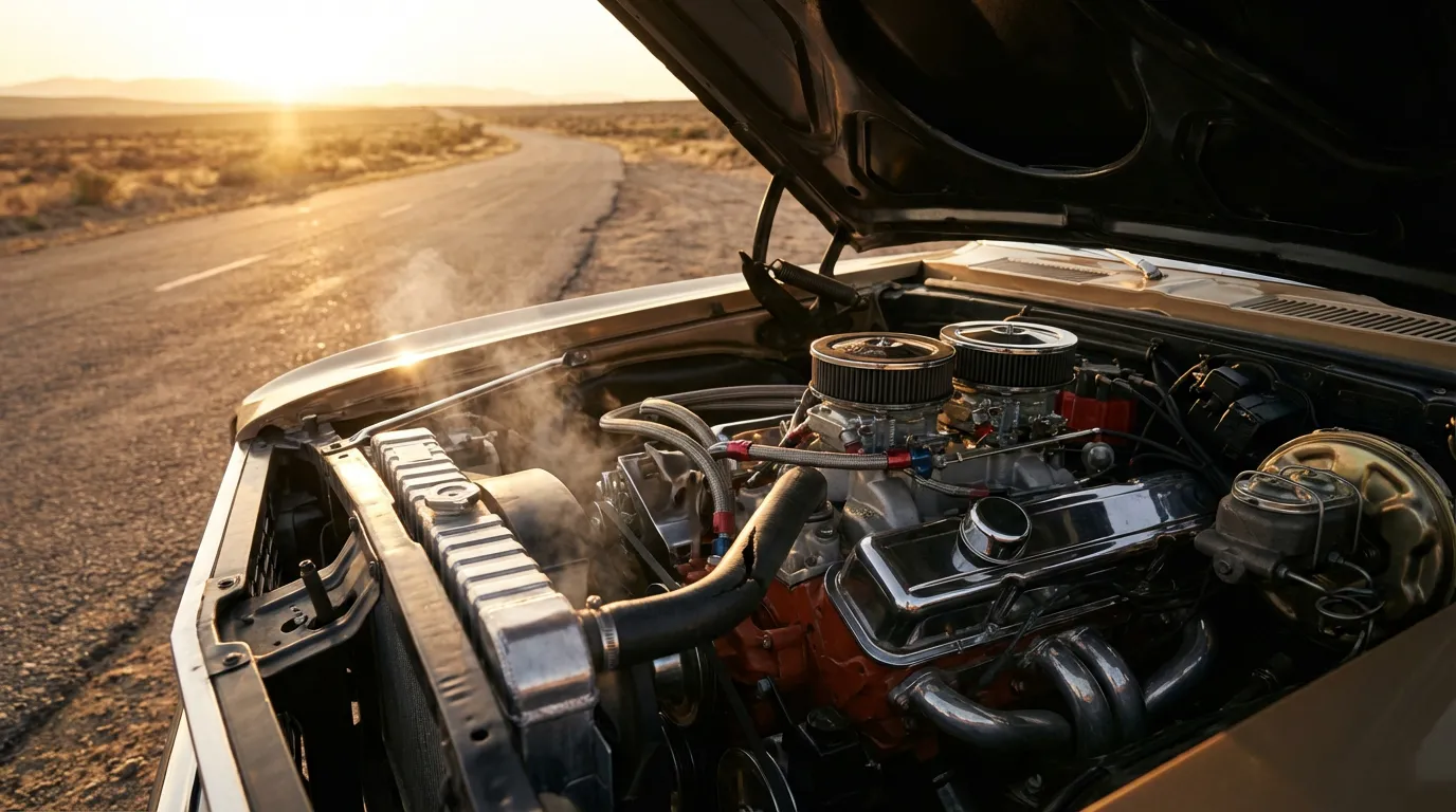 Panne moteur durite percée sur route Moteur de voiture ouvert sur une route au coucher du soleil avec de la fumée sortant d'une durite percée