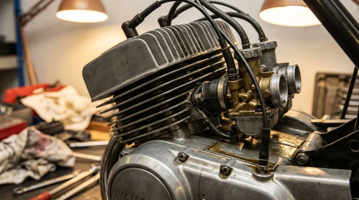 Gros plan détaillé du moteur bicylindre 2 temps de la Yamaha RDX 125