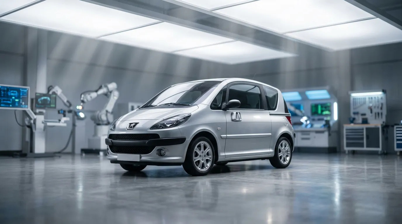 Vue cinématique d'une Peugeot 1007 dans un garage moderne, illustrant la technologie et la fiabilité de sa boîte automatique.