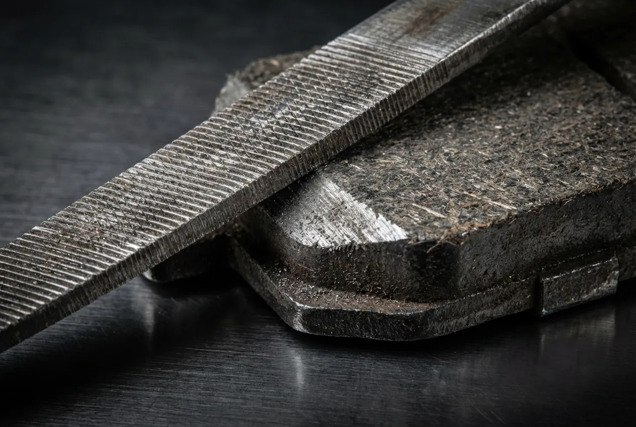 Chanfreiner plaquette de frein : Tuto anti-bruit ultime Gros plan sur l'action de limer le bord d'une plaquette de frein