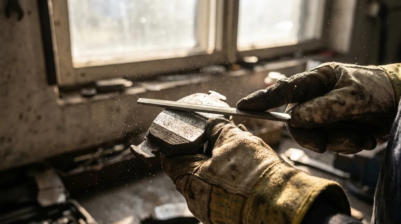 Mécanicien utilisant une lime pour réaliser un chanfrein sur une plaquette de frein
