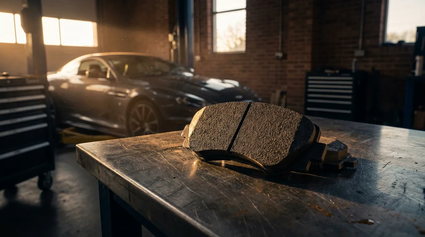 Plaquette de frein posée sur un établi dans un garage automobile haut de gamme