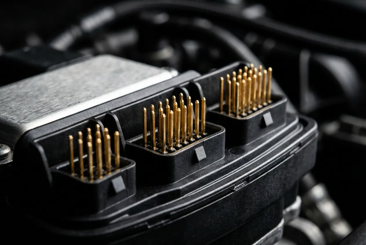 Défaut Pompe d'Additivation Multiplexée : Guide & Solutions Gros plan macro sur le connecteur électronique d'une pompe d'additivation automobile