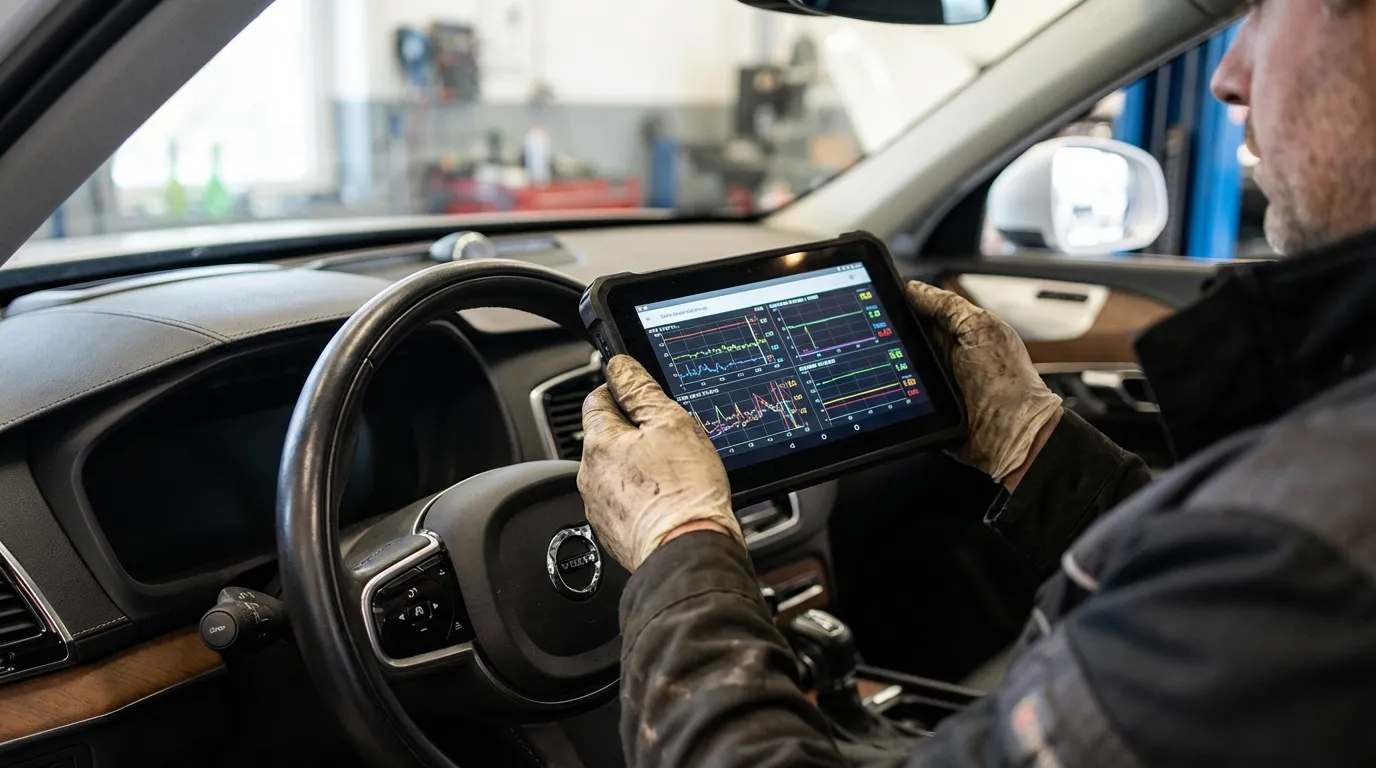 Mécanicien réalisant un diagnostic électronique avec une valise OBD pour identifier le défaut de la pompe