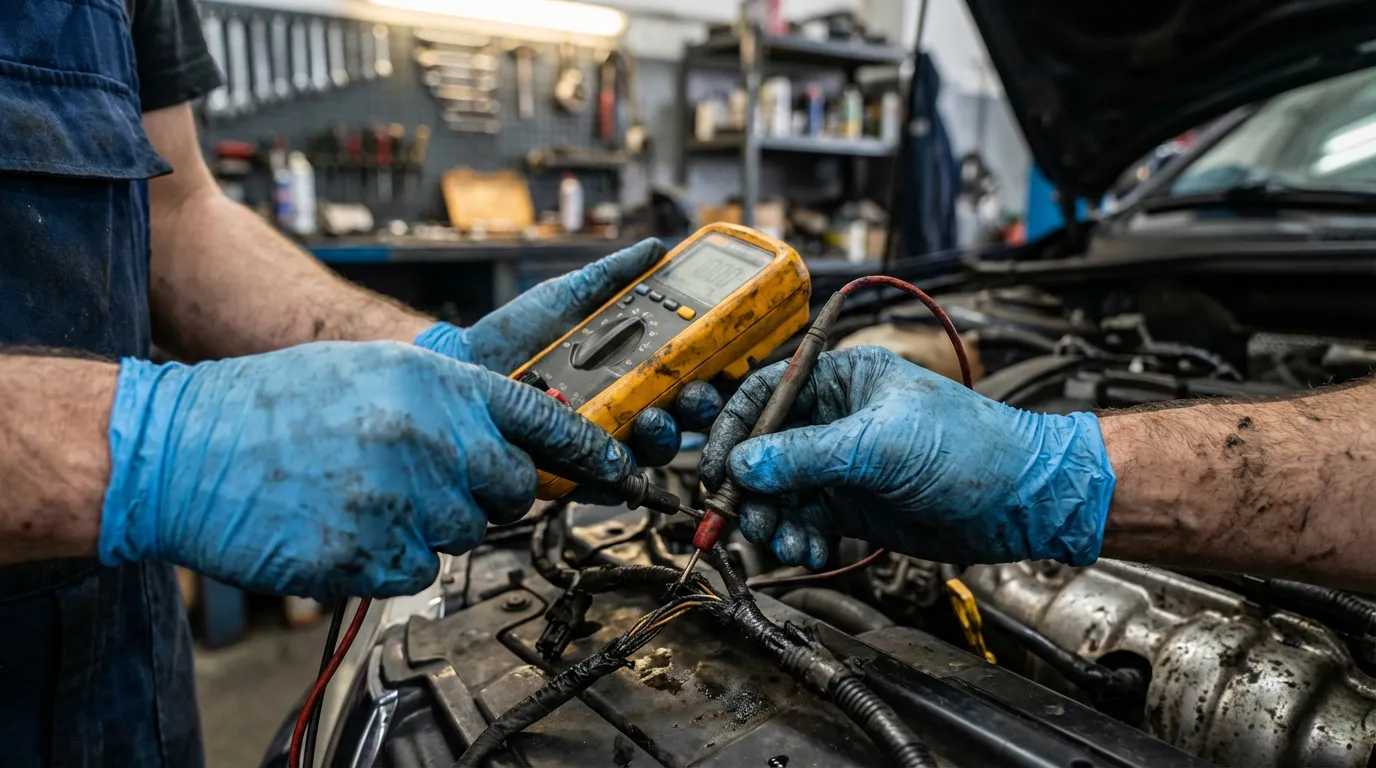 Mécanicien testant le faisceau électrique et les injecteurs pour réparer la panne DF027